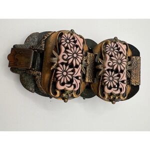 Vintage Floral Book Chain Panel Bracelet Pink Lucite Color Carved 7.5"